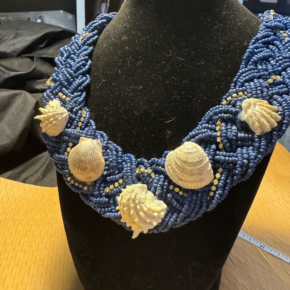 Blue and Gold Beaded Shell Necklace